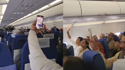 Ram Mandir: Passengers singing Ram Aayenge aboard Indigo flight. (Instagram/@MyGov) Ram Mandir: Passengers singing Ram Aayenge aboard Indigo flight. (Instagram/@MyGov)