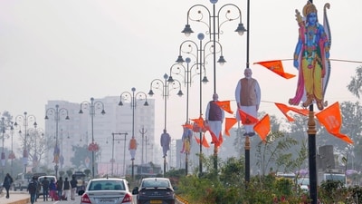Cutouts of Lord Ram and Prime Minister Narendra Modi put up ahead of the consecration ceremony of Ram Mandir, in Ayodhya, Thursday, Jan. 18, 2024. (PTI) Cutouts of Lord Ram and Prime Minister Narendra Modi put up ahead of the consecration ceremony of Ram Mandir, in Ayodhya, Thursday, Jan. 18, 2024. (PTI)