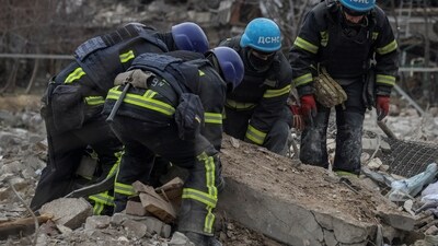 Russia-Ukraine War: Rescuers work at the site of a Russian missile strike in an area in the village of Rivne near the Pokrovsk town, amid Russia's attack on Ukraine, in Donetsk. (Reuters)