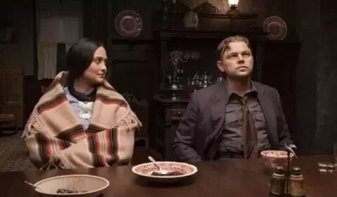 Lily Gladstone and Leonardo DiCaprio in Killers of the Flower Moon. Lily Gladstone and Leonardo DiCaprio in Killers of the Flower Moon.