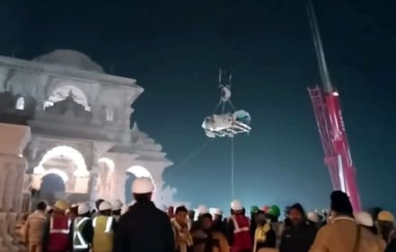 The idol of Ram Lalla being taken inside Shri Ram Janmabhoomi Temple complex through a crane, ahead of its consecration ceremony, in Ayodhya, on January 17. (PTI) The idol of Ram Lalla being taken inside Shri Ram Janmabhoomi Temple complex through a crane, ahead of its consecration ceremony, in Ayodhya, on January 17. (PTI)