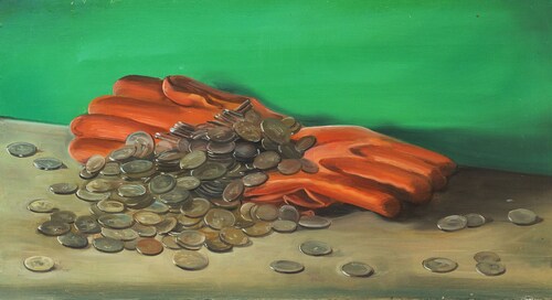 Coins and Rubber Gloves, an oil on panel painting by artist Shibu Natesan, who is exhibiting his works in a solo show in Delhi after 11 years.
