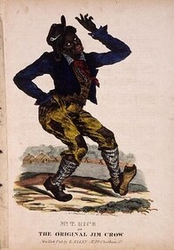Cover to an early edition sheet music by Thomas. D Rice, pictured here performing in black face at the Bowery Theatre, Manhattan, illustration by Edward Williams Clay, c. 1832 Cover to an early edition sheet music by Thomas. D Rice, pictured here performing in black face at the Bowery Theatre, Manhattan, illustration by Edward Williams Clay, c. 1832