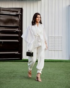 Masoom Minawala Mehta in a white tissue cape top and pants (Photo: Instagram) Masoom Minawala Mehta in a white tissue cape top and pants (Photo: Instagram)