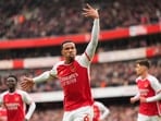 Arsenal's Gabriel, centre, celebrates after scoring his side's opening goal Arsenal's Gabriel, centre, celebrates after scoring his side's opening goal