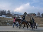 A guides lead visitors during a horse ride past ski slopes usually covered in snow at a ski station in Gulmarg. Credit: AFP 
