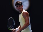 Spain's Carlos Alcaraz reacts during his third round match against China's Shang Juncheng