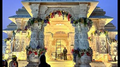 A glimpse of the illuminated Ram Mandir, as preparations are underway ahead of the consecration ceremony, in Ayodhya on Saturday. (sourced) A glimpse of the illuminated Ram Mandir, as preparations are underway ahead of the consecration ceremony, in Ayodhya on Saturday. (sourced)
