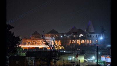 A view of the illuminated Ram Temple ahead of Pran Pratishtha ceremony, in Ayodhya on Saturday. (ANI) A view of the illuminated Ram Temple ahead of Pran Pratishtha ceremony, in Ayodhya on Saturday. (ANI)