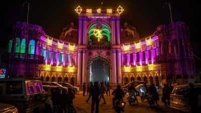 An illuminated view of Raj Darbar ahead of the 'Pran Pratishthita' ceremony of Ram Mandir in Ayodhya. (ANI)