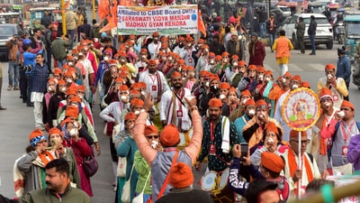 VHP worker's take out a Sri Ram yatra to celebrate Shri Ram Janmabhoomi Temple, Ayodhya ahead of its consecration ceremony, in Prayagraj on Saturday. (ANI) VHP worker's take out a Sri Ram yatra to celebrate Shri Ram Janmabhoomi Temple, Ayodhya ahead of its consecration ceremony, in Prayagraj on Saturday. (ANI)