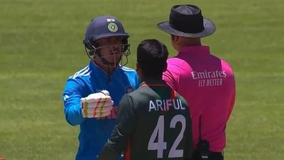 Uday Saharan and Ariful Islam separated by umpire during India vs Bangladesh match in U19 World Cup Uday Saharan and Ariful Islam separated by umpire during India vs Bangladesh match in U19 World Cup