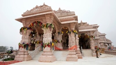 A temple dedicated to Hindu deity Lord Ram is decorated with flowers before its grand opening on Monday in Ayodhya, India. (AP) A temple dedicated to Hindu deity Lord Ram is decorated with flowers before its grand opening on Monday in Ayodhya, India. (AP)