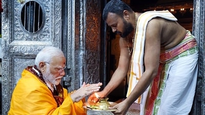 Prime Minister Narendra Modi offers prayers at Sri Arulmigu Ramanathaswamy Temple, in Rameswaram on Saturday. (X/Narendra Modi) Prime Minister Narendra Modi offers prayers at Sri Arulmigu Ramanathaswamy Temple, in Rameswaram on Saturday. (X/Narendra Modi)