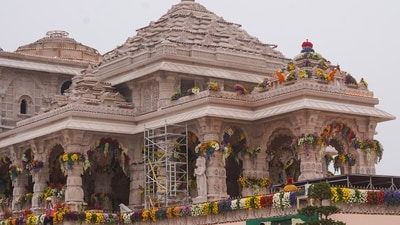 Ram Mandir being decorated with flowers ahead of its consecration ceremony in Ayodhya. People from across the country are making contributions to express their devotion towards Lord Ram. (PTI)