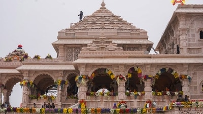 Ram Mandir being decorated with flowers ahead of its consecration ceremony, in Ayodhya (PTI) Ram Mandir being decorated with flowers ahead of its consecration ceremony, in Ayodhya (PTI)