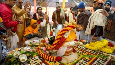 The fire that appeared from the 'arni' being established in the Navkunds ahead of the consecration ceremony of Ram Temple in Ayodhya. (PTI)