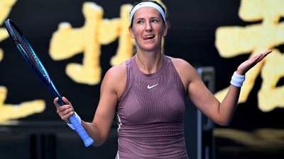 Belarus' Victoria Azarenka celebrates after winning her third round match against Latvia's Jelena Ostapenko (REUTERS)
