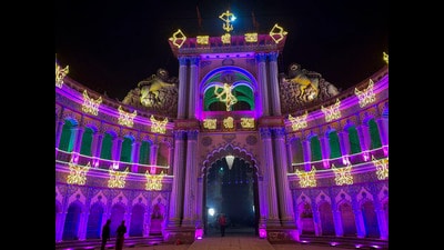The gateway to the historic Raj Sadan—the grand residence of the erstwhile Raja of Ayodhya — in the heart of the holy city, lit up ahead of the consecration ceremony of Ram Temple, in Ayodhya, Saturday. (PTI Photo/Kunal Dutt) (PTI) The gateway to the historic Raj Sadan—the grand residence of the erstwhile Raja of Ayodhya — in the heart of the holy city, lit up ahead of the consecration ceremony of Ram Temple, in Ayodhya, Saturday. (PTI Photo/Kunal Dutt) (PTI)