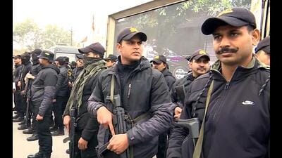 UP Anti-Terrorist Squad (ATS) commandos deployed at Lata Mangeshkar Chowk ahead of the Ram Temple Pran Pratishtha Ceremony on January 22, in Ayodhya on Saturday. (ANI Photo) UP Anti-Terrorist Squad (ATS) commandos deployed at Lata Mangeshkar Chowk ahead of the Ram Temple Pran Pratishtha Ceremony on January 22, in Ayodhya on Saturday. (ANI Photo)