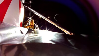 Photo from Peregrine reveals a crescent Earth and starburst effects by strategically hiding Sun behind the spacecraft's strut. (X/Astrobotic) Photo from Peregrine reveals a crescent Earth and starburst effects by strategically hiding Sun behind the spacecraft's strut. (X/Astrobotic)