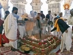 Rituals being performed at the Ram Mandir ahead of the 'Pran Pratishtha ceremony of Sri Ram Janmabhoomi temple, in Ayodhya on Friday. Rituals being performed at the Ram Mandir ahead of the 'Pran Pratishtha ceremony of Sri Ram Janmabhoomi temple, in Ayodhya on Friday.