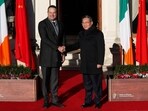Chinese Premier Li Qiang, right, is greeted by Ireland's Prime Minister Leo Varadkar at Farmleigh House, during a visit to Dublin, Ireland, Wednesday, Jan. 17, 2024. 