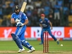 India's captain Rohit Sharma plays a shot during the super over of third and final Twenty20 international cricket match between India and Afghanistan