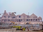 A construction crew works on Ram Mandir