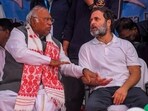 Nagaon: Congress President Mallikarjun Kharge with party leader Rahul Gandhi during a public meeting amid the 'Bharat Jodo Nyay Yatra'.