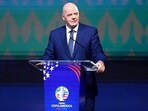 Gianni Infantino, President of FIFA, speaks during the official draw of CONMEBOL Copa America 2024 at James L. Knight Center 