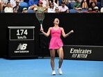 Ukraine's Marta Kostyuk reacts after winning her fourth round match against Russia's Maria Timofeeva