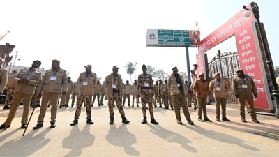 Heavy force deployed near the Ram janmbhoomi on the eve of the consecration ceremony of Shri Ram Janmbhoomi Temple in Ayodhya. (HT Photo/Deepak Gupta)