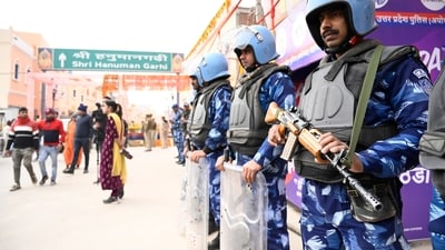 At the venue, 10,000 CCTV cameras and drones equipped with artificial intelligence are monitoring the movements of people, while police personnel in plain clothes have been deployed for added security.&nbsp; (HT Photo/Deepak Gupta)