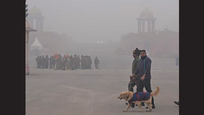 A thick mist covers Raisina Hill on Sunday. (PTI)