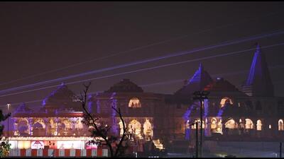 A view of the Ram temple in Ayodhya on Sunday evening. (Deepak Gupta/HT ) A view of the Ram temple in Ayodhya on Sunday evening. (Deepak Gupta/HT )