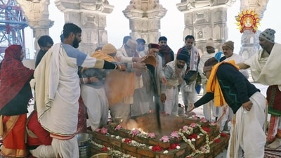 Rituals being performed at the Ram Mandir ahead of the 'Pran Pratishtha ceremony of Sri Ram Janmabhoomi temple, in Ayodhya on Friday. (Shri Ram Janmbhoomi Teerth Kshet) Rituals being performed at the Ram Mandir ahead of the 'Pran Pratishtha ceremony of Sri Ram Janmabhoomi temple, in Ayodhya on Friday. (Shri Ram Janmbhoomi Teerth Kshet)