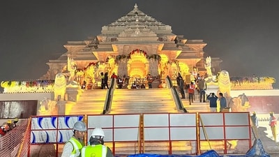 A glimpse of the illuminated Ram Temple in Ayodhya as preparations are underway ahead of the consecration ceremony (ANI)