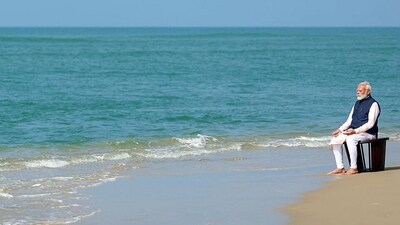 The Prime Minister also practiced 'pranayama' (breathing exercise) there and offered prayers using the seawater. (X/@BJP4India) The Prime Minister also practiced 'pranayama' (breathing exercise) there and offered prayers using the seawater. (X/@BJP4India)