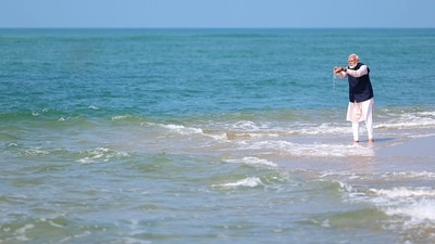 Arichal Munai is believed to be the point from where the Ram Setu was built. (X/@BJP4India) Arichal Munai is believed to be the point from where the Ram Setu was built. (X/@BJP4India)