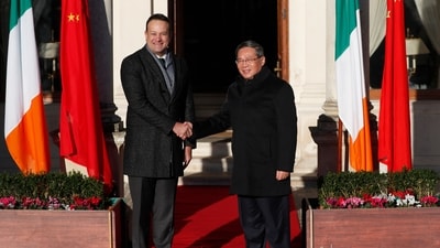 Chinese Premier Li Qiang, right, is greeted by Ireland's Prime Minister Leo Varadkar at Farmleigh House, during a visit to Dublin, Ireland, Wednesday, Jan. 17, 2024. (AP) Chinese Premier Li Qiang, right, is greeted by Ireland's Prime Minister Leo Varadkar at Farmleigh House, during a visit to Dublin, Ireland, Wednesday, Jan. 17, 2024. (AP)