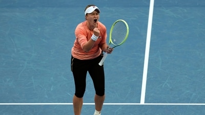 Barbora Krejcikova of the Czech Republic celebrates after defeating Mirra Andreeva of Russia in their fourth round match at the Australian Open tennis championships at Melbourne Park, Melbourne, Australia, Sunday, Jan. 21 (AP) Barbora Krejcikova of the Czech Republic celebrates after defeating Mirra Andreeva of Russia in their fourth round match at the Australian Open tennis championships at Melbourne Park, Melbourne, Australia, Sunday, Jan. 21 (AP)