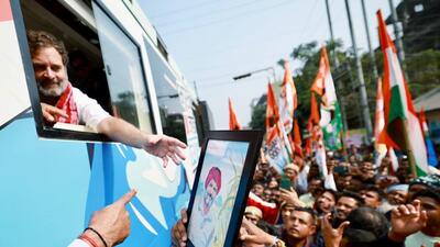 Congress leader Rahul Gandhi during the Bharat Jodo Nyay Yatra in Assam on Sunday. (ANI) Congress leader Rahul Gandhi during the Bharat Jodo Nyay Yatra in Assam on Sunday. (ANI)