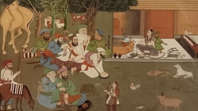 An early 20th century Deccani miniature painting of a caravanserai shows a woman sitting inside, managing domestic chores, while the men sit outside and indulge in gupshup. (WikiCommons)