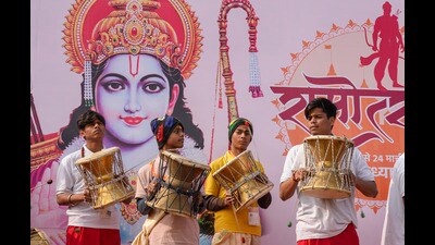 Folk artists perform at Ram Path ahead of the Ram temple consecration ceremony, in Ayodhya, Sunday. (PTI) Folk artists perform at Ram Path ahead of the Ram temple consecration ceremony, in Ayodhya, Sunday. (PTI)
