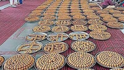 Laddoos prepared for the Pran Pratishtha ceremony. (Manish Chandra Pandey/HT) Laddoos prepared for the Pran Pratishtha ceremony. (Manish Chandra Pandey/HT)