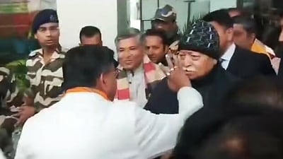 RSS chief Mohan Bhagwat reaches Lucknow to attend the Pran Pratishtha ceremony of Ram Temple in Ayodhya on Jan 22, on Sunday. (ANI) RSS chief Mohan Bhagwat reaches Lucknow to attend the Pran Pratishtha ceremony of Ram Temple in Ayodhya on Jan 22, on Sunday. (ANI)