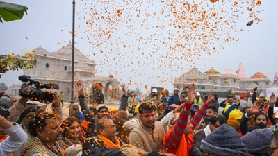 Devotees during the performance of daily puja, 'havan' and 'parayana' in the pavilion ahead of the consecration ceremony of Ram Temple, in Ayodhya. (PTI) Devotees during the performance of daily puja, 'havan' and 'parayana' in the pavilion ahead of the consecration ceremony of Ram Temple, in Ayodhya. (PTI)