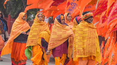 Devotees arrive at a Sarayu ghat, ahead of Ram temple consecration ceremony, in Ayodhya (PTI) Devotees arrive at a Sarayu ghat, ahead of Ram temple consecration ceremony, in Ayodhya (PTI)