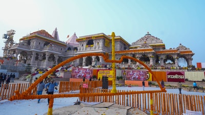 Ayodhya: Ram Temple being decorated with flowers on the eve of its consecration ceremony, in Ayodhya, Sunday. (PTI) Ayodhya: Ram Temple being decorated with flowers on the eve of its consecration ceremony, in Ayodhya, Sunday. (PTI)